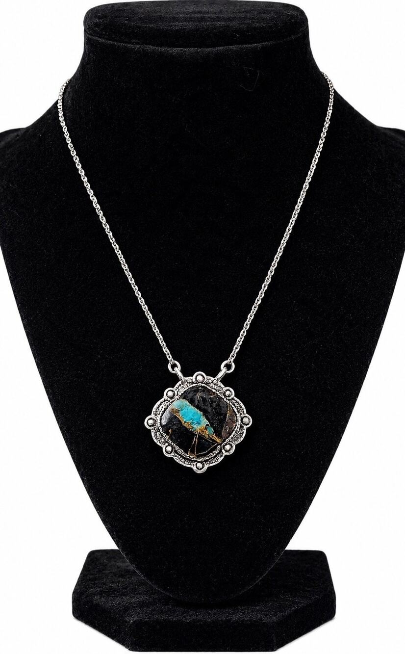 Sterling Silver Blackjack Turquoise Pendant Statement Necklace Southwestern 925